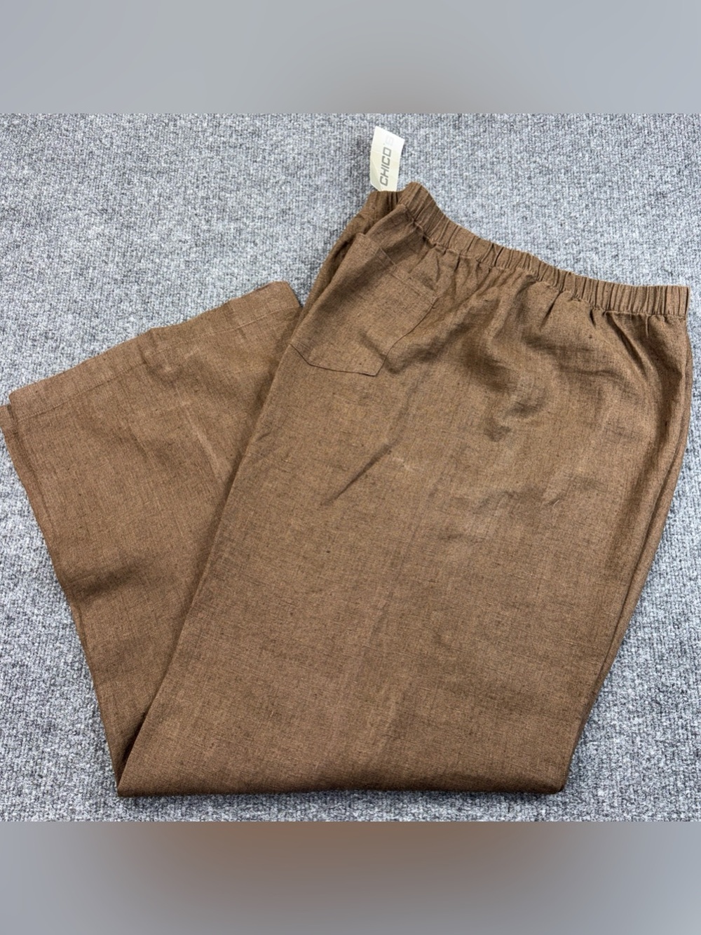 Chicos Size 3 Brown 100% Linen Wide Leg Elastic Waist Pull On Pants Trousers